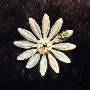 Vintage green/grey enamel flower pin with ladybug on Petal